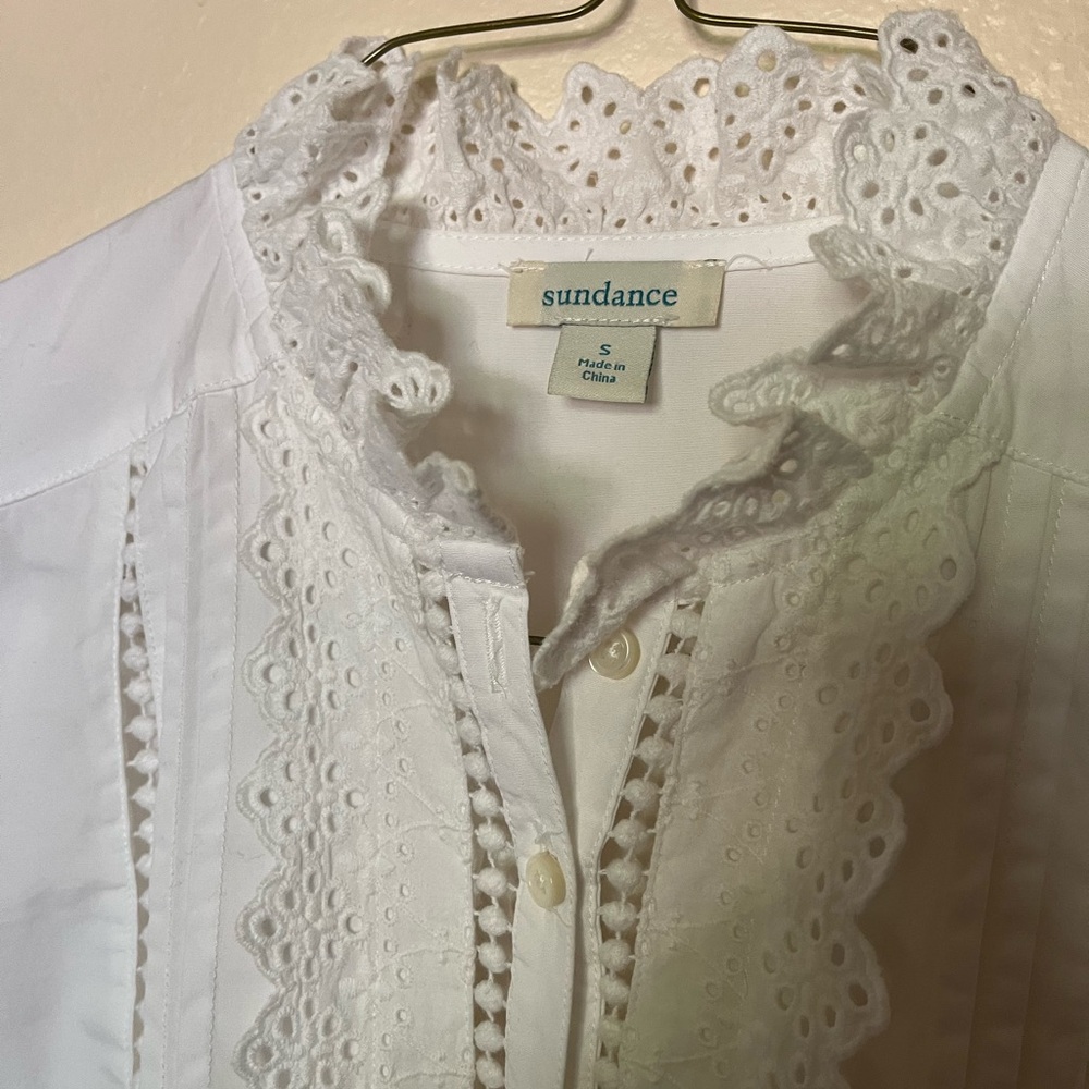 White Ruffled Mandarin Collar Blouse Sundance - Picture 3 of 8